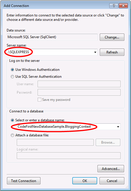 Connect to Blogging database on .\SQLEXPRESS