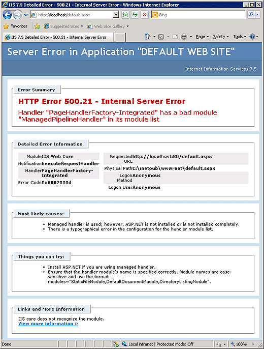 Website Develop: Handler “PageHandlerFactory-Integrated” has a bad module “ManagedPipelineHandler” in its module list