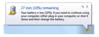 Screen shot of notification balloon indicating that battery power is low