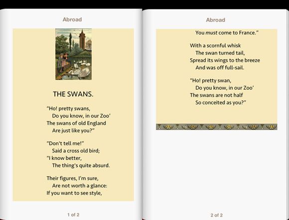 “Abroad” 一书中的页面使用 XHTML 时在 Apple iPhone 的 iBooks 中显示的屏幕截图