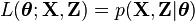 L(\boldsymbol\theta; \mathbf{X}, \mathbf{Z}) = p(\mathbf{X}, \mathbf{Z}|\boldsymbol\theta)