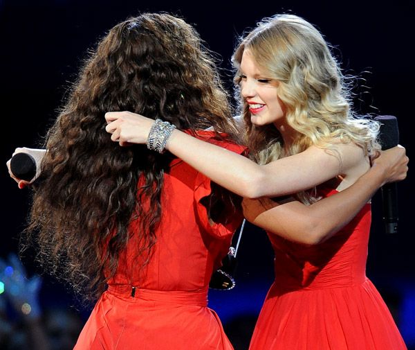 Beyonce and Taylor Swift share a hug on stage at the 2009 MTV Video Music Awards at Radio City Music Hall in New York City.