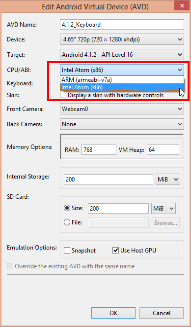 配置 Android 模拟器使用 x86 系统镜像