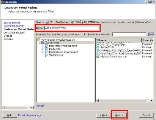 VMware vCenter Converter Standalone 5.1 - Specify Destination Machine name