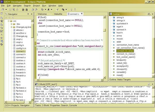 图 1. 在带有 CDT 插件的 Eclipse 中编辑 C/C++ 项目