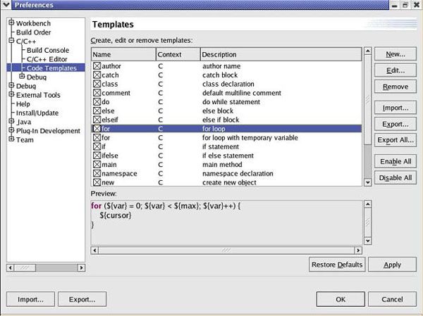 图 5. 预定义的 C/C++ 代码模板