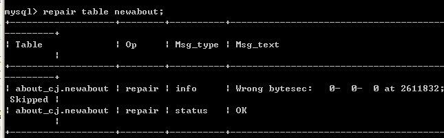 Table '.\about_cj\newabout' is marked as crashed and should be repaired