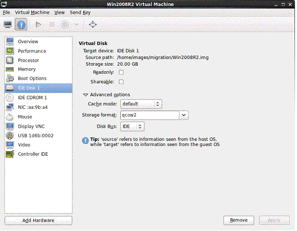 图 14. KVM 上 Win2008R2 虚拟机的配置