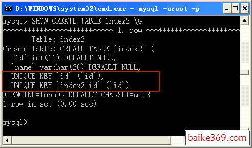 在DOS提示符窗口中查看使用SHOW CREATE TABLE语句查看表的结构的效果