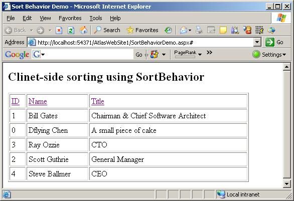 使用ASP.NET Atlas SortBehavior实现客户端排序