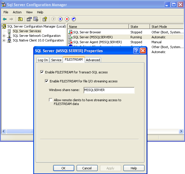 如何启用SQL Server 2008的FILESTREAM特性